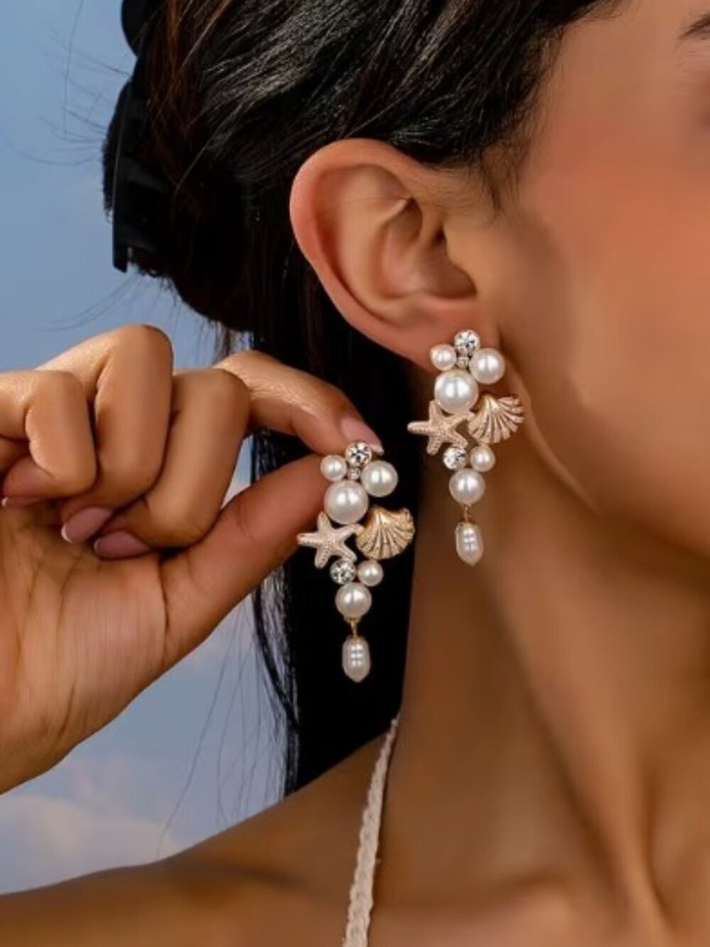 Bohemian Style Faux Pearl Starfish Shell Dangle Earrings